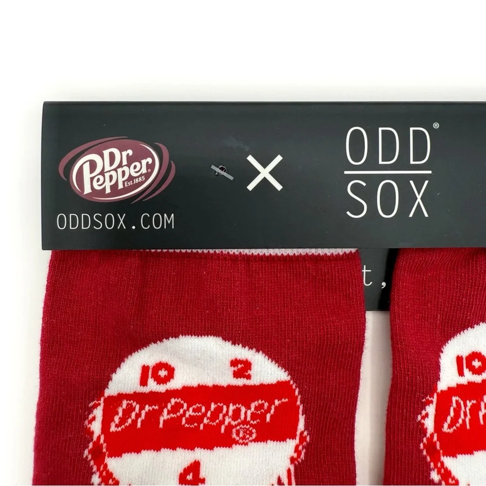 Odd Sox Dr Pepper Crew Socks Mens Womens Soda Bottle Cap Red White Fun Gift